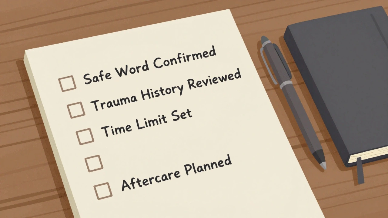 A wooden table with a consent checklist, notebook, and pen, symbolizing structured, safe emotional sessions.