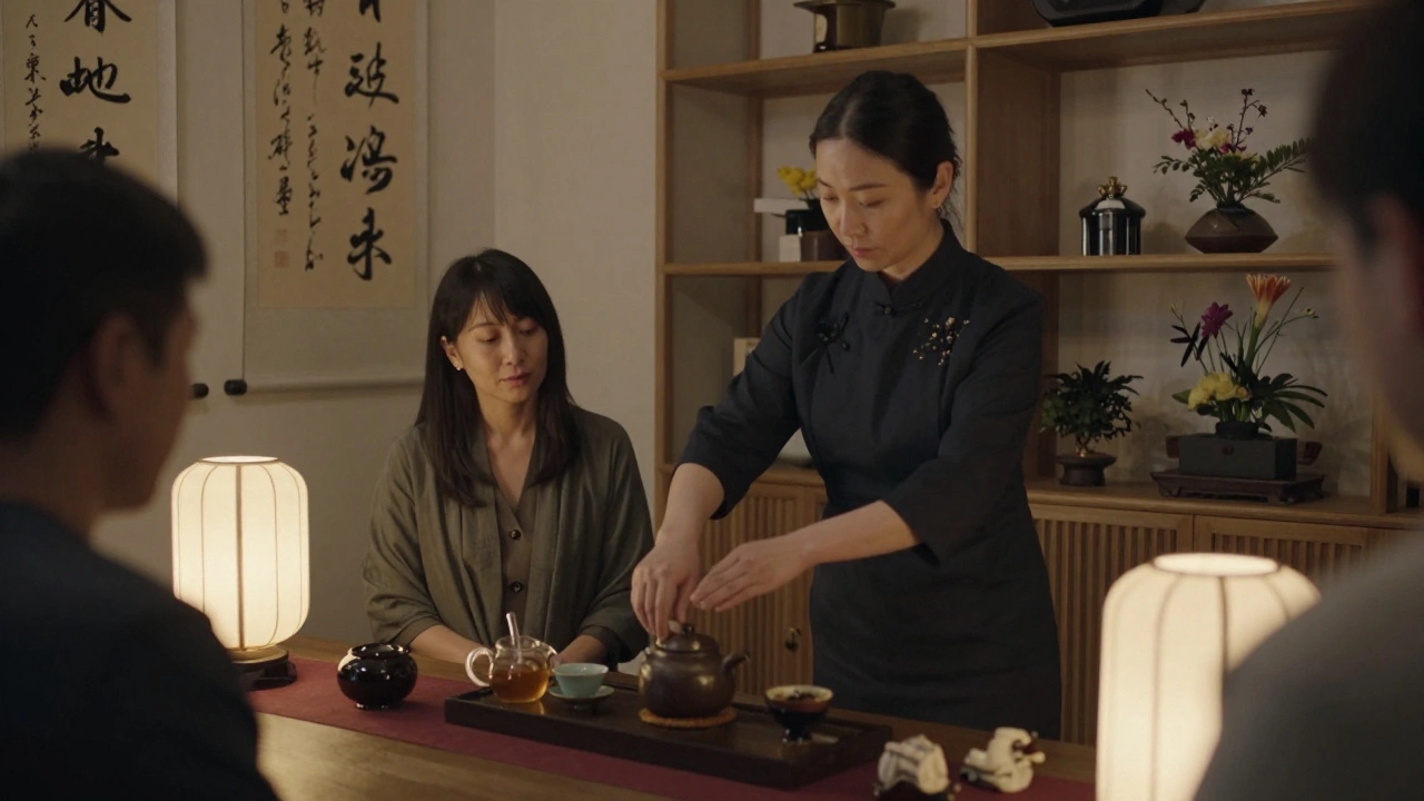An Asian escort performing a traditional tea ceremony in a calm, elegantly decorated private space.