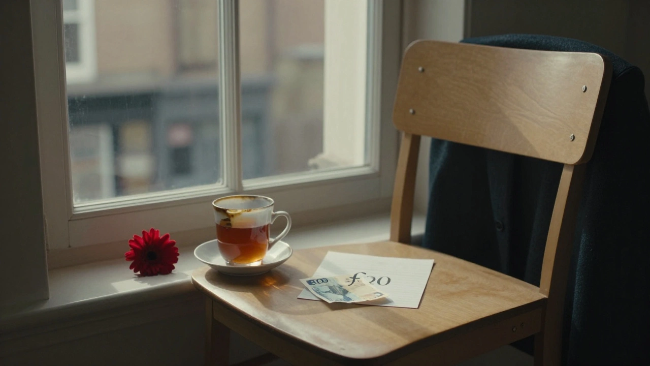 An empty chair by a window with a cup of tea, a folded note, and a single flower left as a quiet token of appreciation.