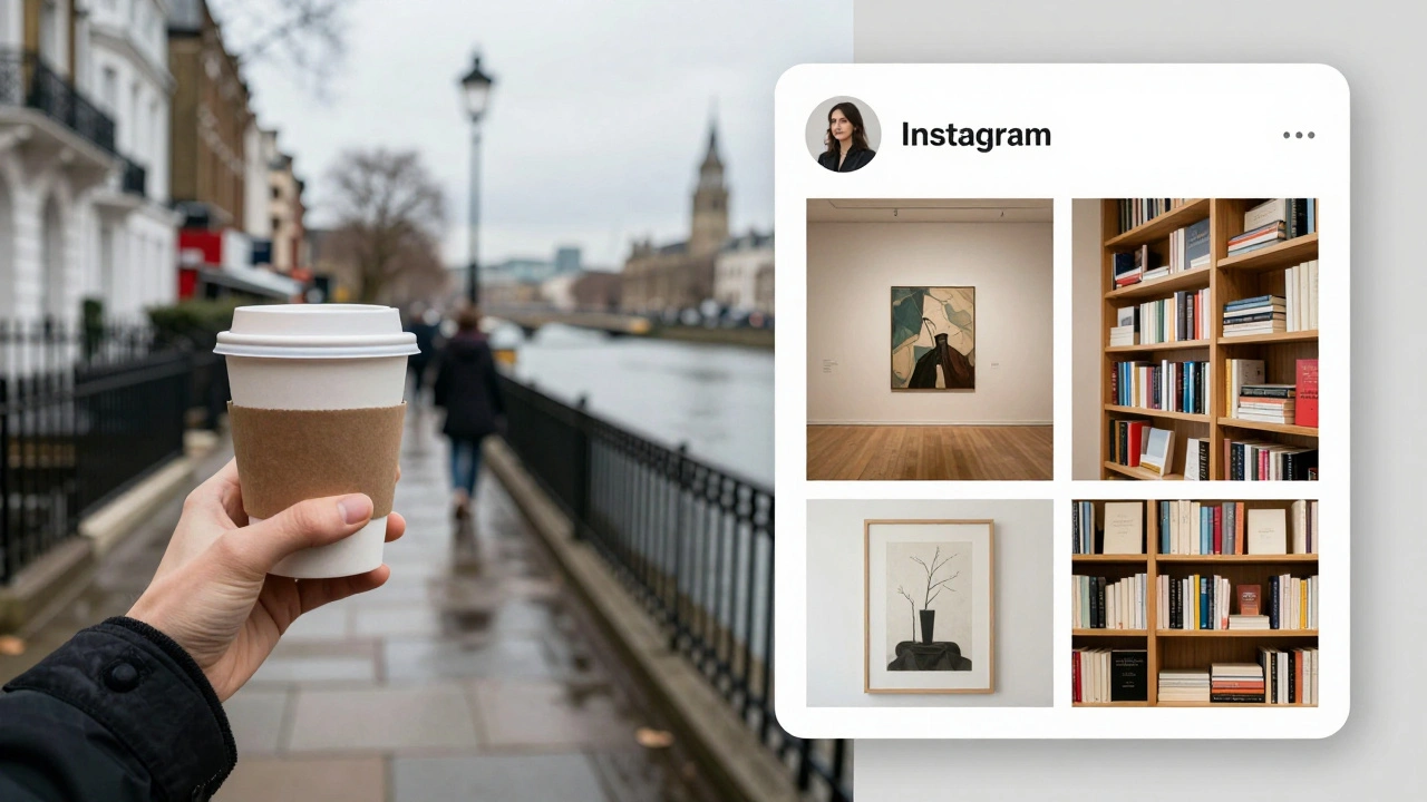 Elegant lifestyle images—coffee in Notting Hill, winter walk by the Thames—showing discreet, professional aesthetics.