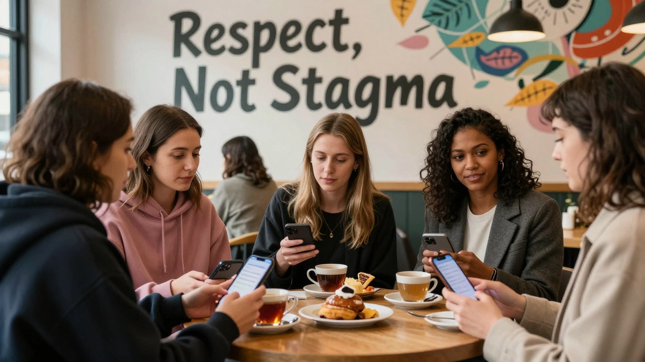 Group of women in a London café sharing quiet support, phones visible, no faces shown, symbolizing community.