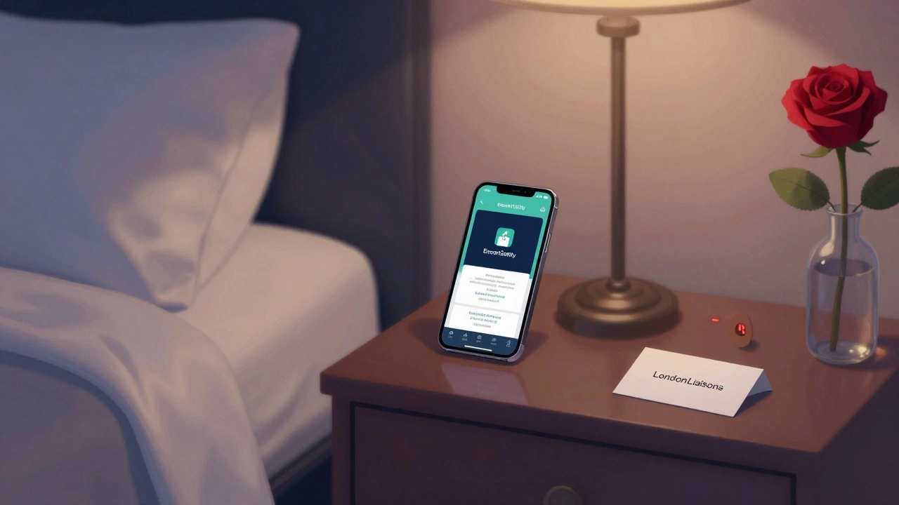 Private hotel room with discreet safety tools and a single rose, conveying dignity and control.