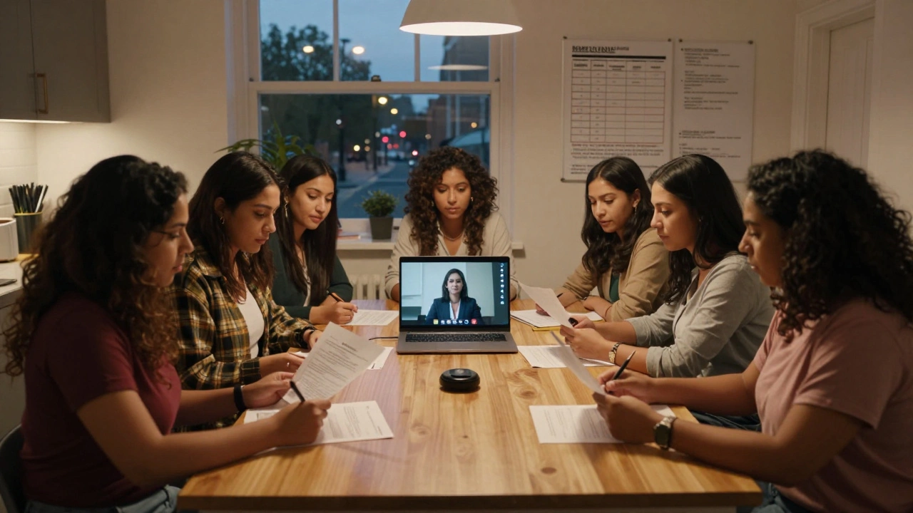 Six Latina women in a North London apartment reviewing legal documents and safety protocols at a kitchen table.