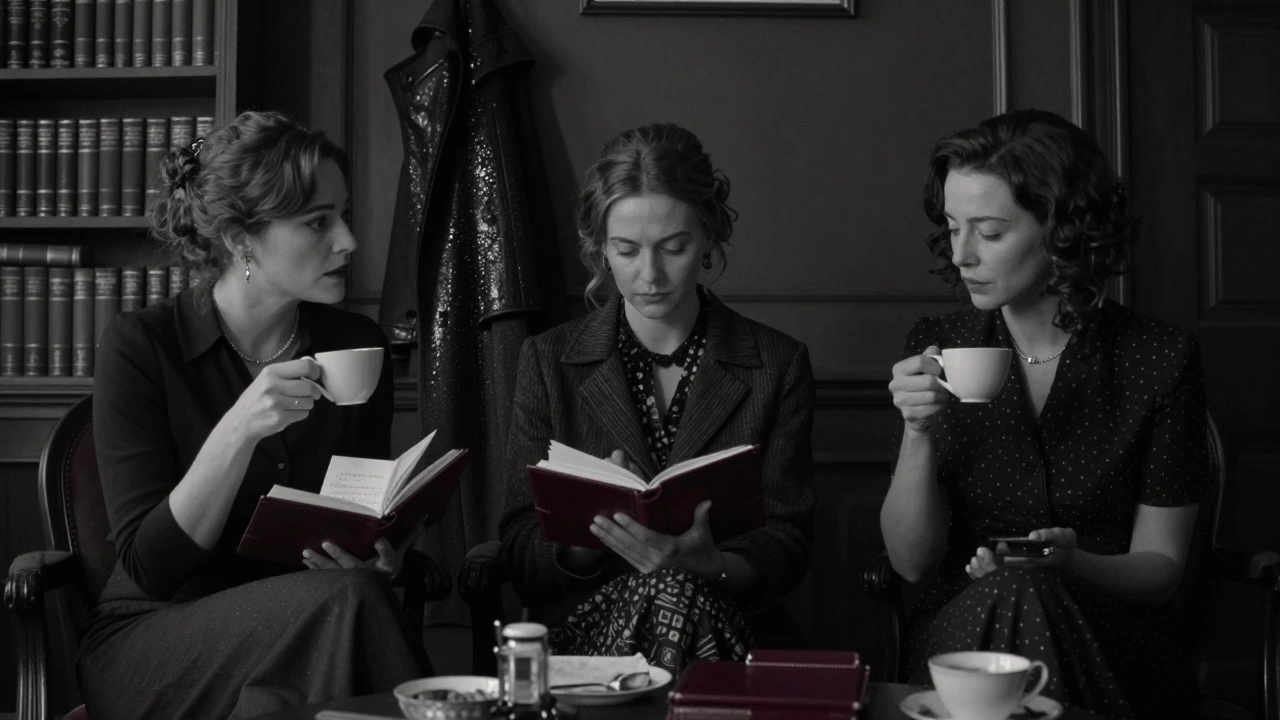 Three high-society companions share a silent moment over tea in a London library, bound by discretion.