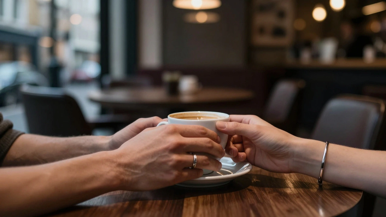 Two hands clasping over coffee in a quiet hotel lounge, symbolizing trust and connection.