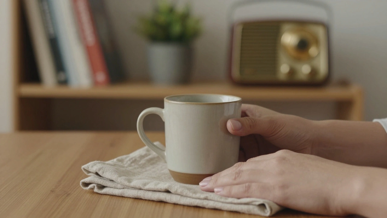 Two hands near a teacup and napkin, symbolizing calm human connection in a serene setting.
