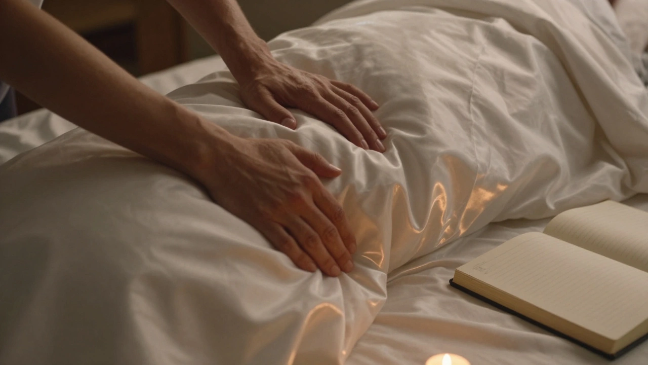 Two hands placing a blanket, symbolizing aftercare and trust in a serene moment.