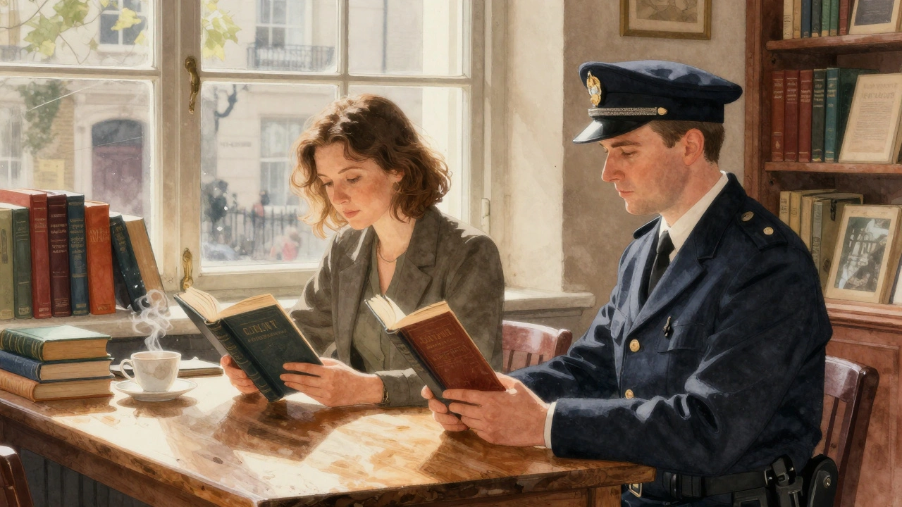 Two people reading books together at a wooden table in a cozy London bookstore.