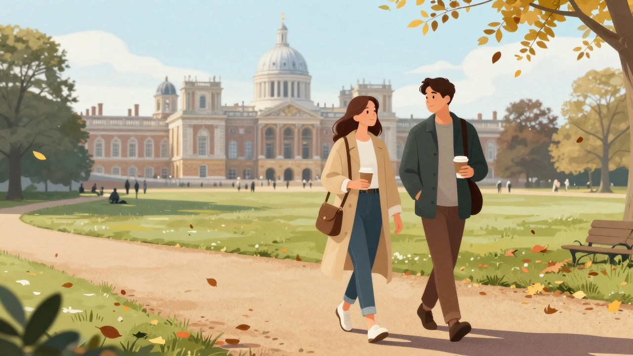 Two people walking peacefully through Alexandra Palace park on a crisp autumn day, enjoying a daytime companionship outing.