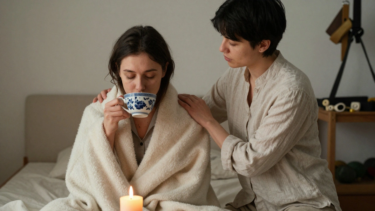 A client is wrapped in a blanket, sipping tea as a dominant offers quiet aftercare, conveying peace and emotional release.