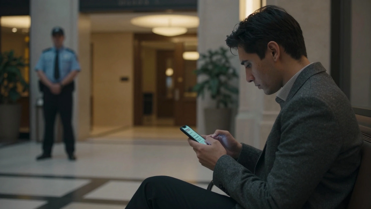 A client texting a safety signal in a quiet hotel lobby at dusk, no escort visible.