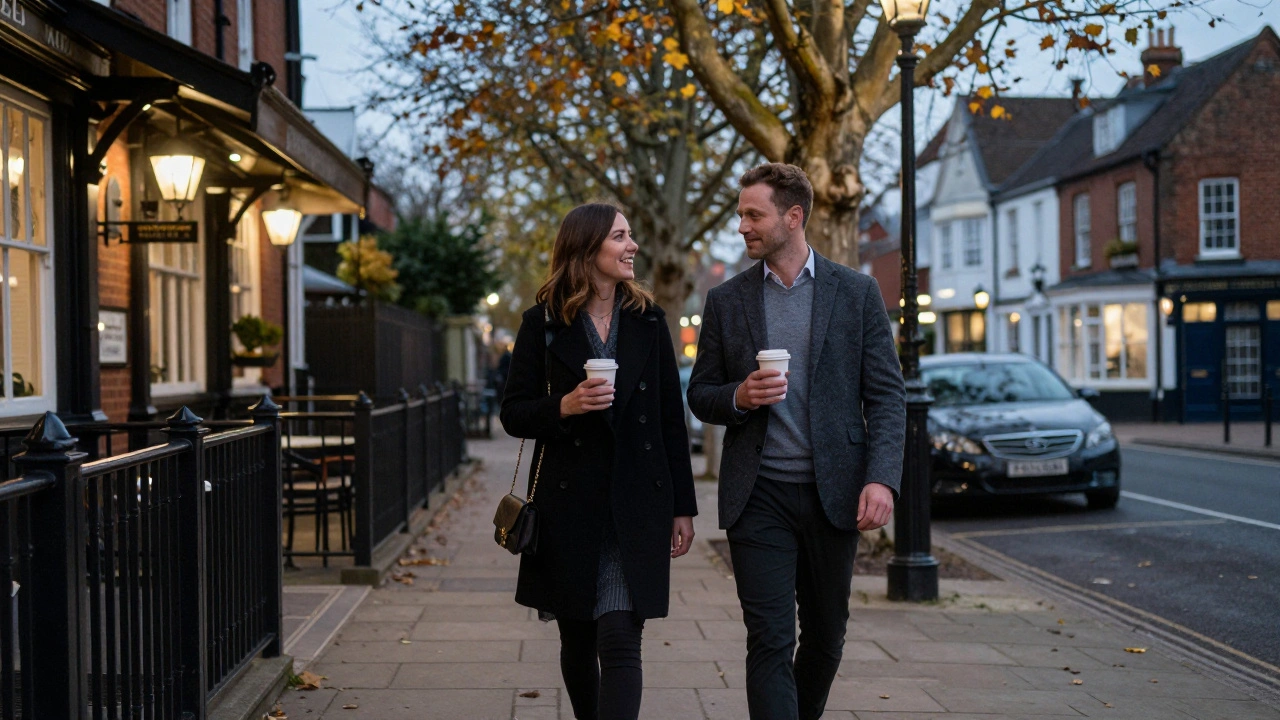 A couple enjoying an evening stroll near a pub in Enfield under soft streetlights and autumn trees.