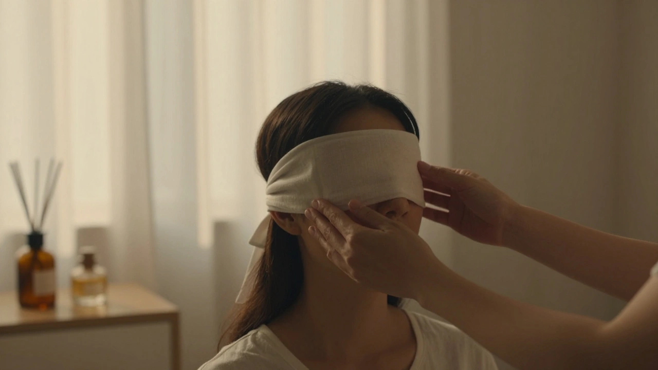 A hand placing a blindfold over another’s eyes in a serene, minimalist space.