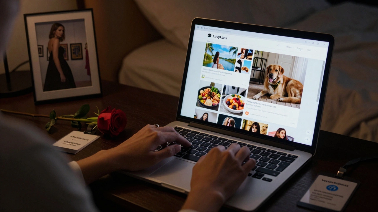 A Latina escort's hand typing on a laptop, screen showing personal posts and a rose on the desk.