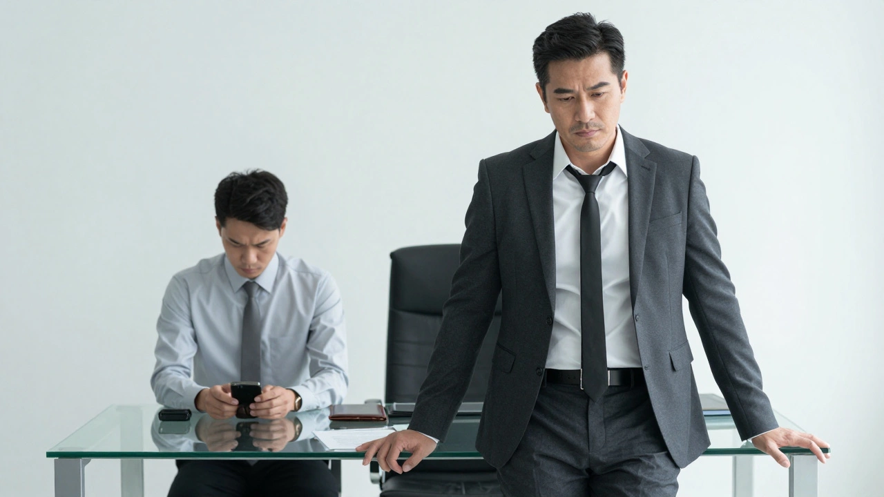 A male dominant in a corporate setting oversees a kneeling client, emphasizing psychological authority over physical contact.