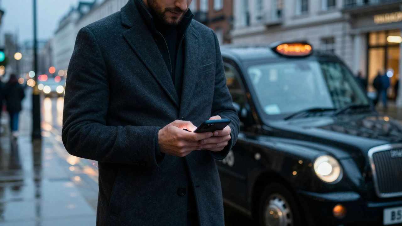 A man confirming a traceable payment on his phone outside a licensed London black cab.