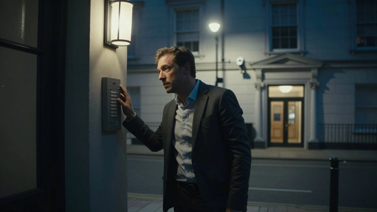 A man outside a poorly maintained building in East London, hesitating as a safer, secure building is visible across the street.