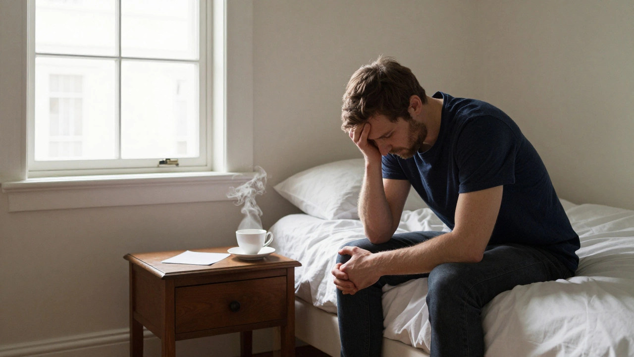 A man sitting alone on a bed after a deep kissing session, a teacup steaming beside him in quiet morning light.