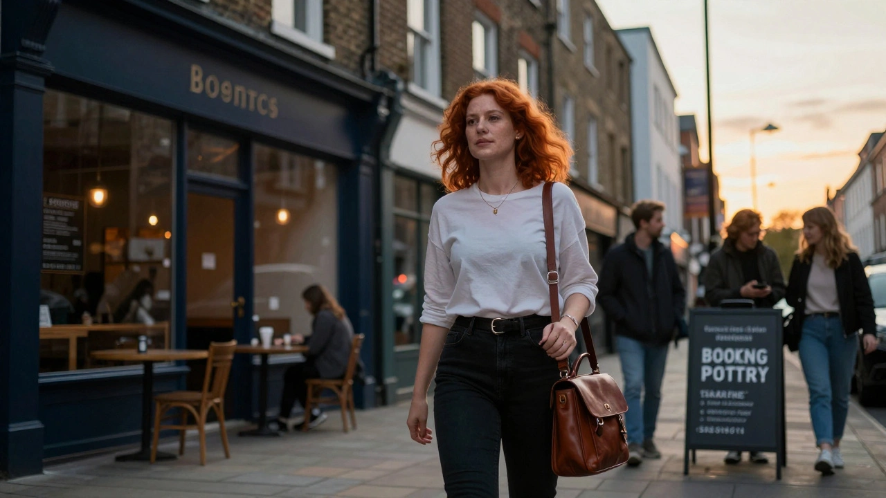 A natural redhead walking confidently down a Bristol street at sunset, passing cozy cafes, her hair glowing in golden light.