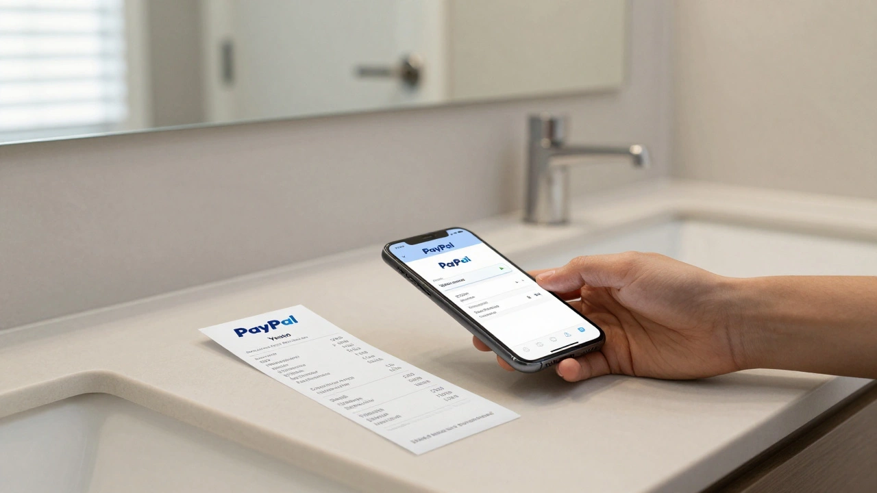 A PayPal receipt and smartphone on a counter, symbolizing safe payment and trust in an escort booking.