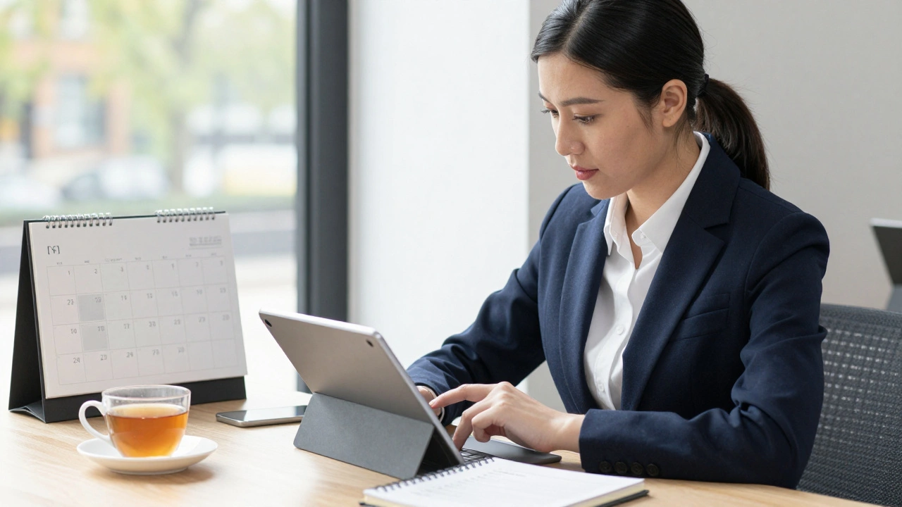 A professional escort reviewing a booking agreement on a tablet, surrounded by organized details.