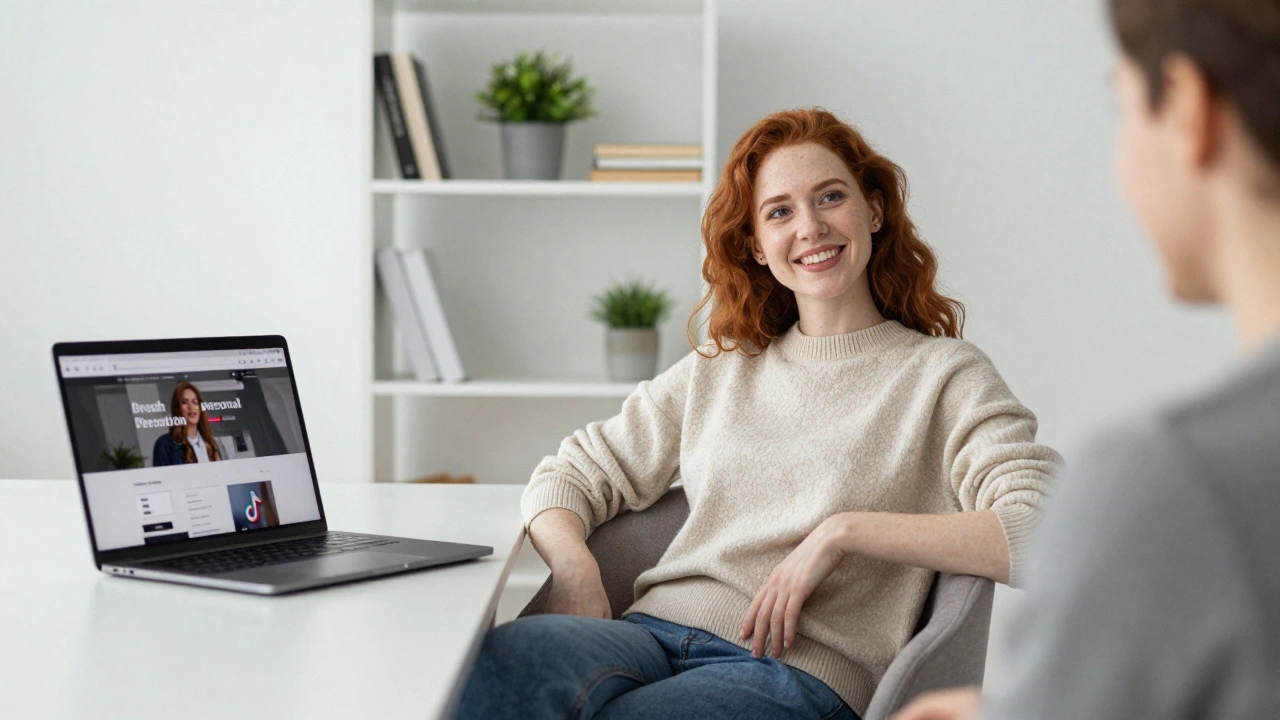 A redhead in casual clothes smiling at a laptop showing her personal website, symbolizing authentic personal branding in a minimalist studio.