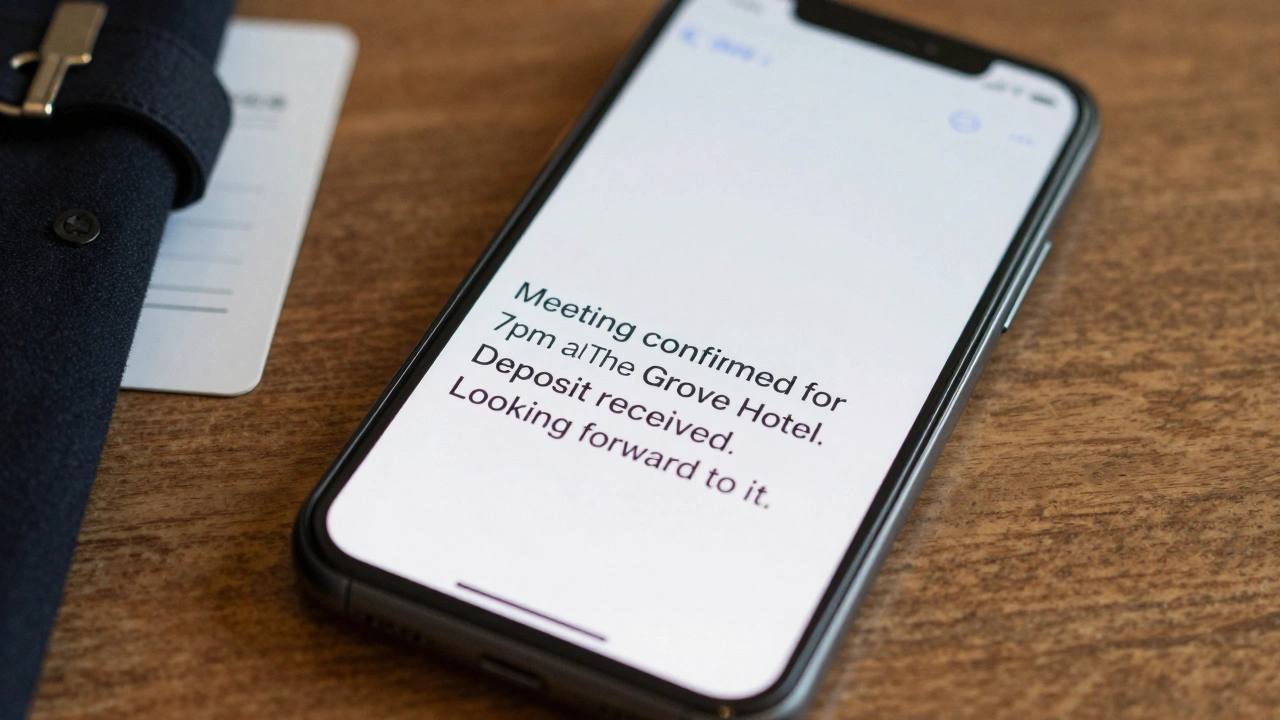 A smartphone screen displaying a private messaging confirmation for a discreet escort meeting.