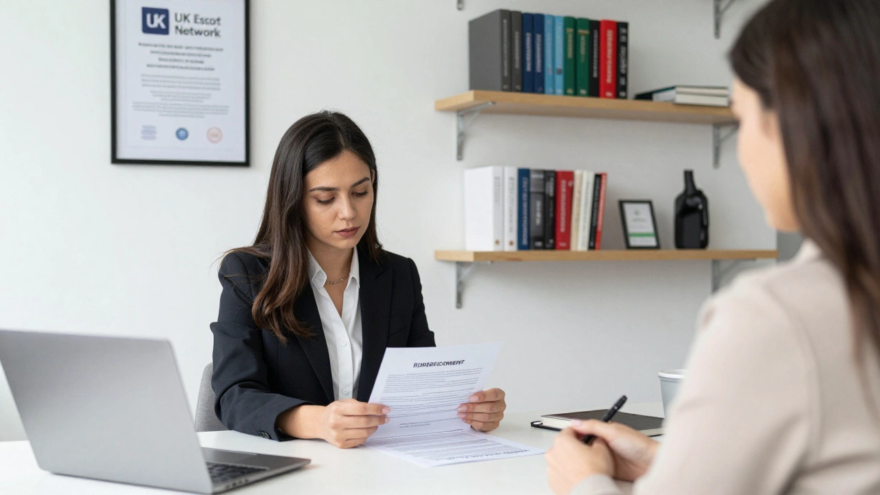 A trained escort reviewing consent forms with a therapist in a professional setting.