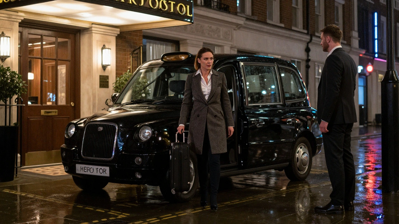 An escort steps out of a black cab at night near a hotel in central London, meeting a waiting client under an awning.
