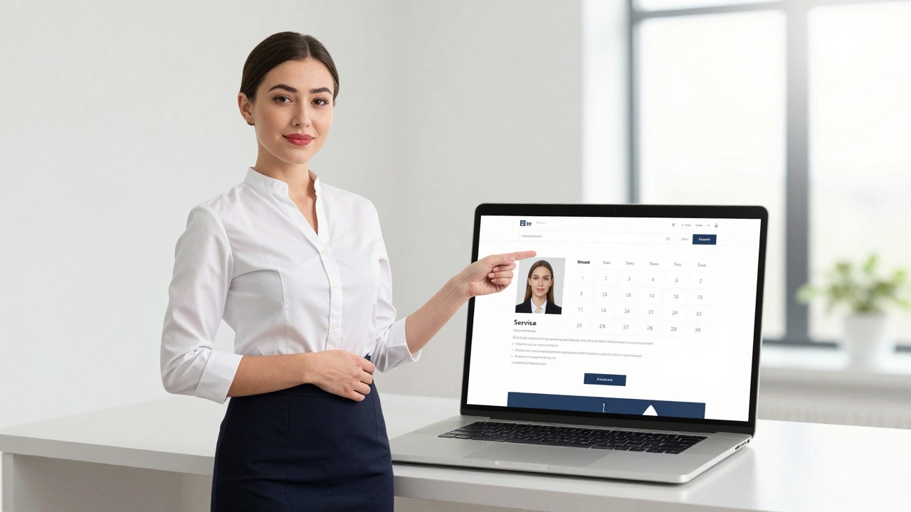 An independent escort reviewing her professional website with clear service details and photos in a well-lit room.