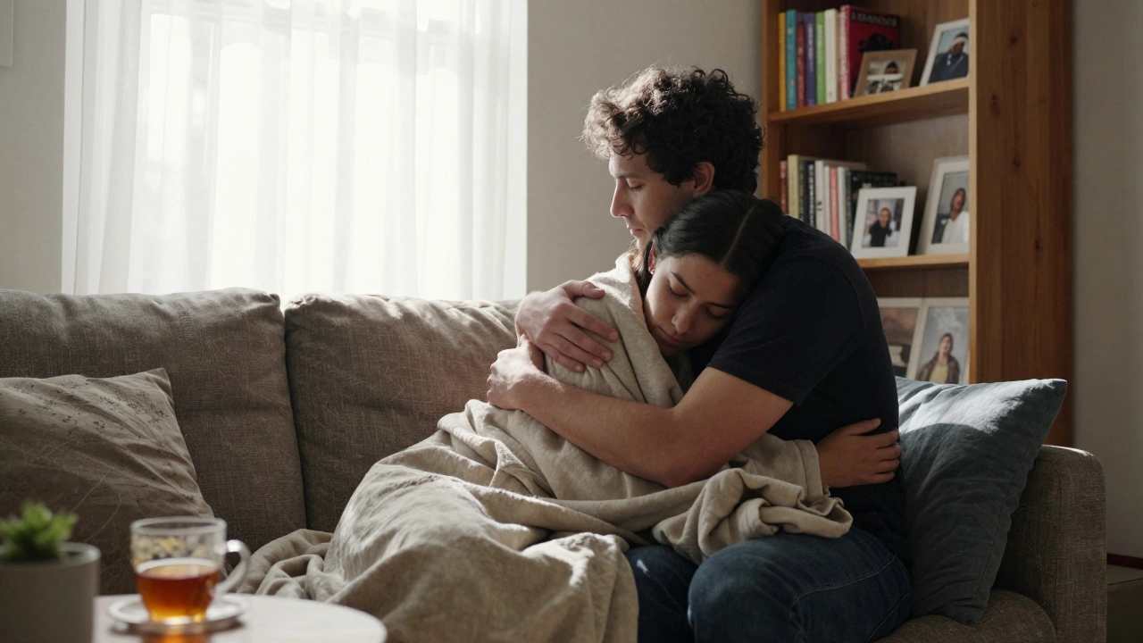 An Owo escort offering a comforting hug to a client in a cozy home, no sexual context, only emotional support.