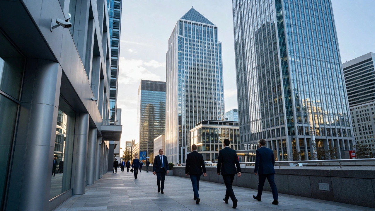 Canary Wharf skyscrapers with business professionals and security cameras, daytime