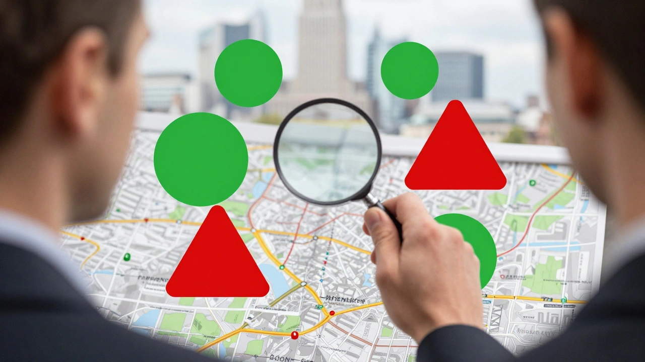 Magnifying glass on London map with safety symbols.