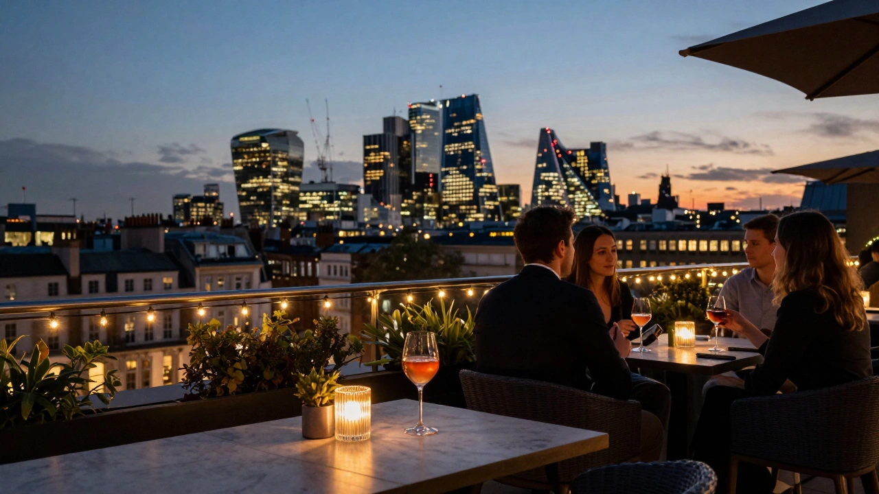 Rooftop bar with London skyline and cocktails at dusk
