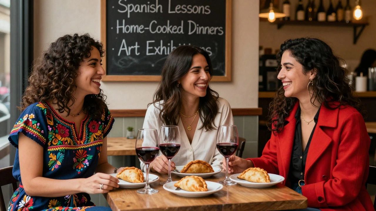 Three Latina women laughing together at a Barcelona café, sharing food and culture.