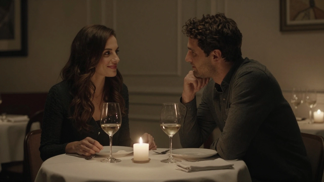 Two people sharing an intimate dinner in a London restaurant, softly lit by candlelight.
