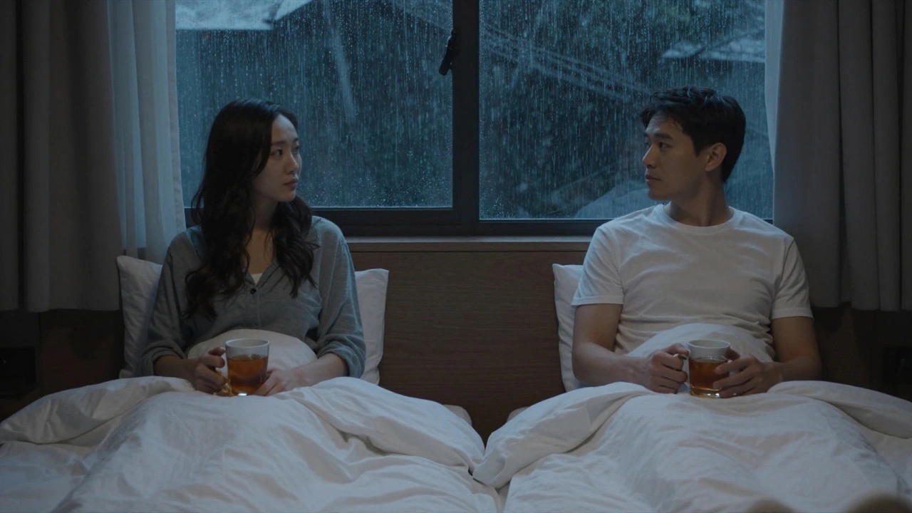 Two people sitting quietly in a hotel room at night, each holding a mug of tea, rain softly falling outside the window.