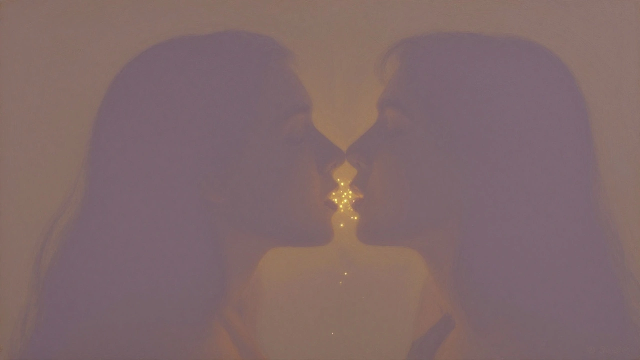 Two silhouettes connected by glowing particles between their lips, symbolizing emotional bonding during deep kissing.