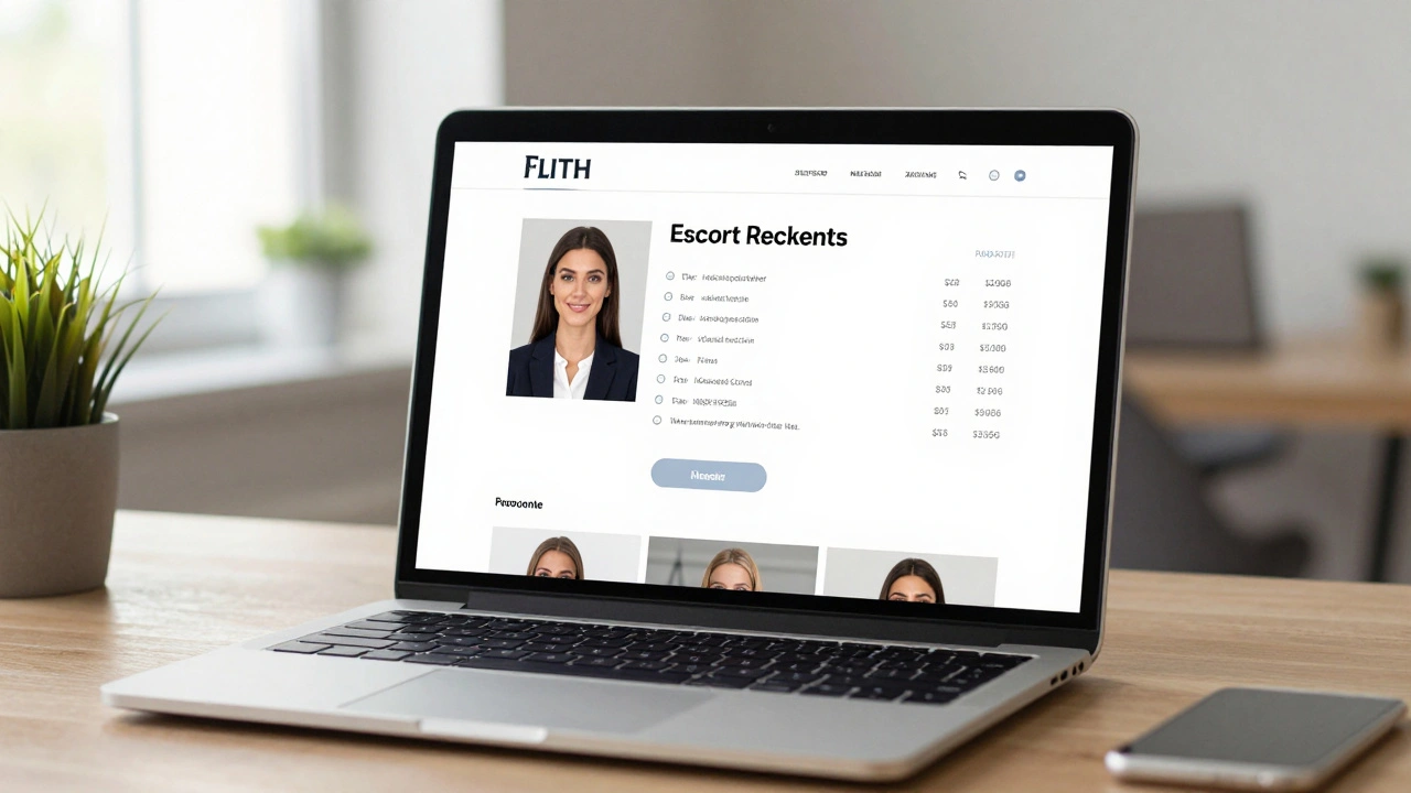 A clear, unfiltered escort profile on a laptop screen with detailed information and direct messaging options.