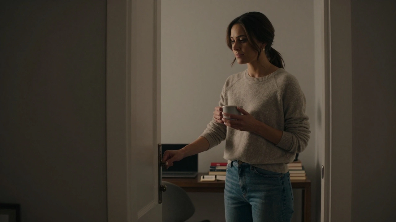 A discreet escort welcoming a client at her apartment door in Hampstead, holding a teacup, with a calm and trustworthy demeanor.