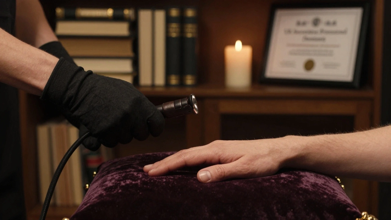 A gloved hand resting near a leather flogger on a velvet cushion, with professional tools and certification visible in the background.