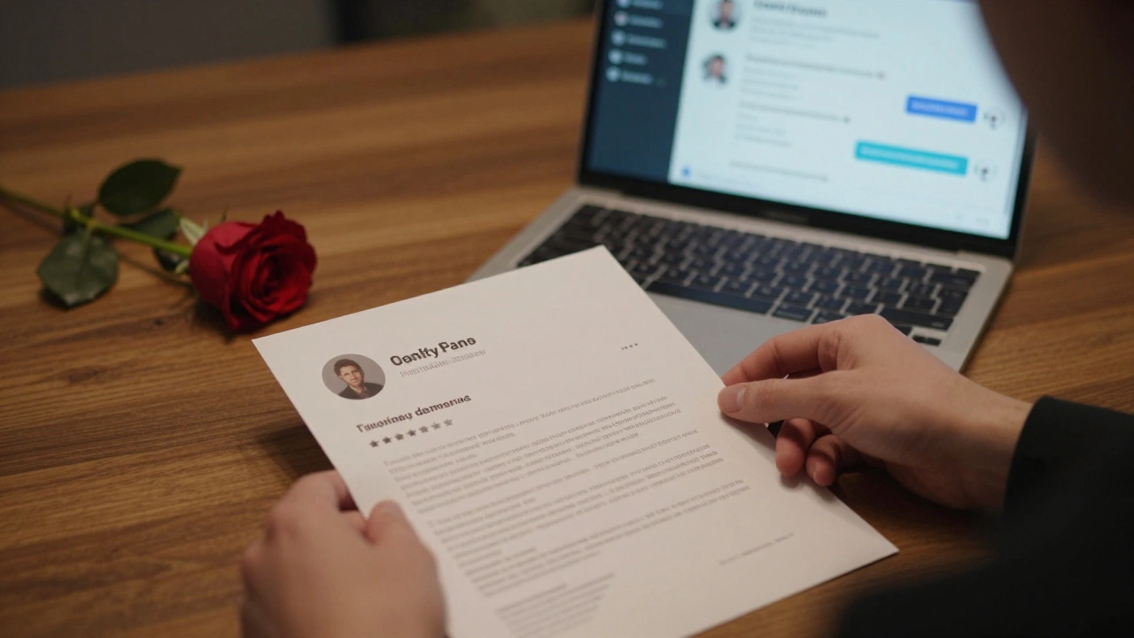 A hand placing a client review beside a laptop showing a verified escort profile and encrypted chat.