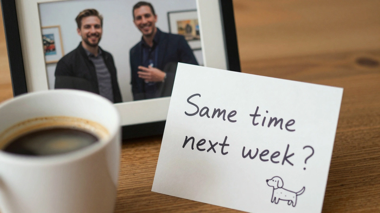 A handwritten note and coffee cup on a wooden table, symbolizing a trusted, recurring companionship.