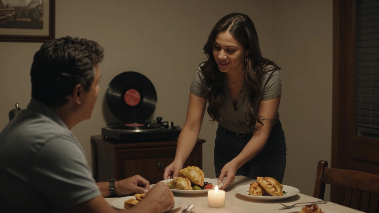 A Latina escort serving food to a client during an intimate dinner, candlelight and music creating a warm atmosphere.