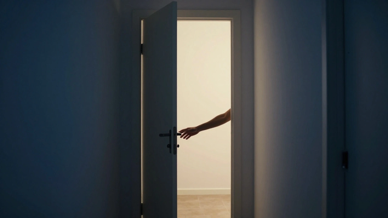 A lone figure reaching for a doorhandle in a hallway, light glowing beyond — symbolizing personal choice and freedom.