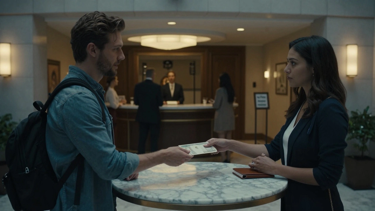 A man and woman meet in a hotel lobby, exchanging cash in a quiet, tense transaction.