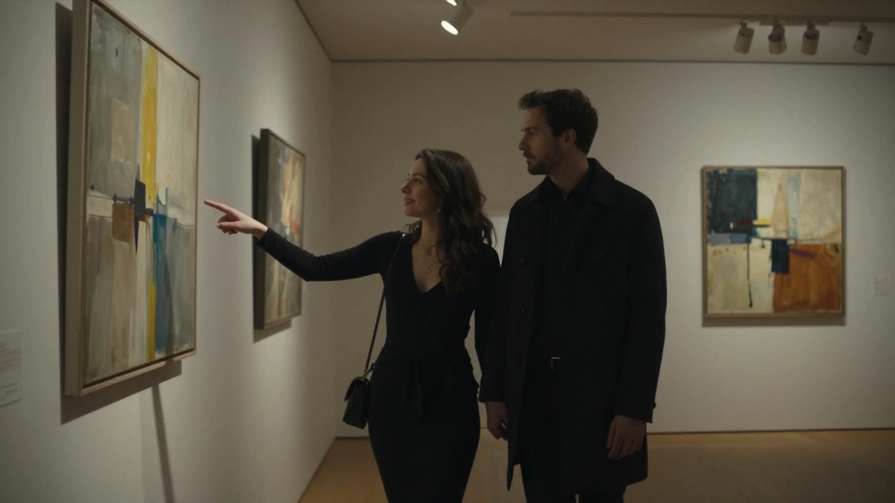 A man and woman strolling through a private London art gallery, fingers lightly intertwined, admiring paintings in soft light.