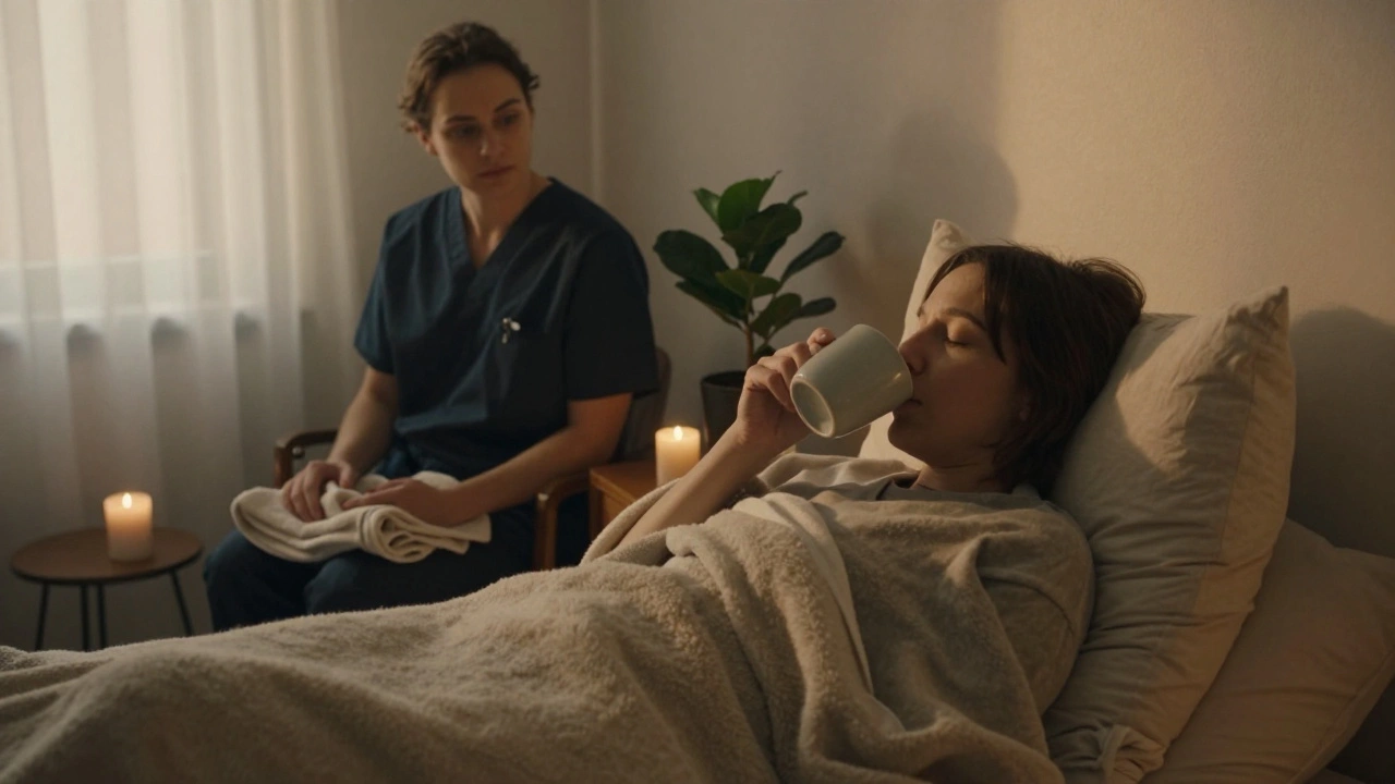 A person wrapped in a blanket sipping water after a session, an escort sitting quietly beside them with a warm towel and candlelight.