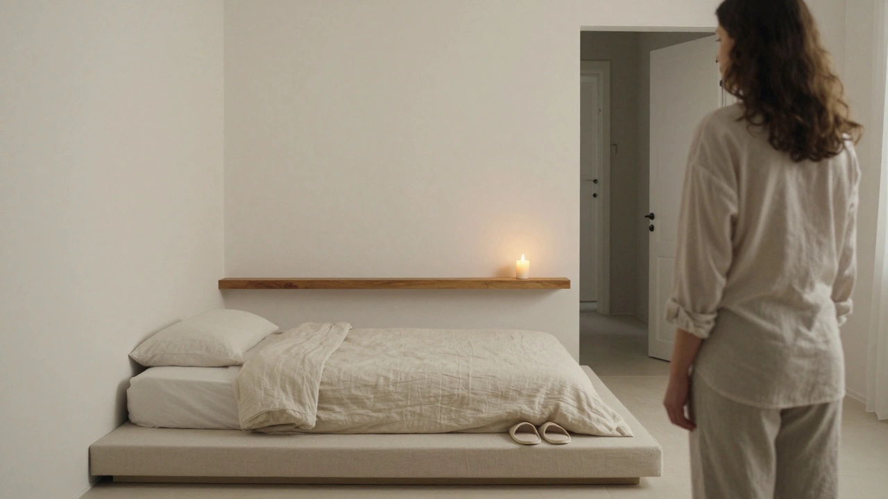 A serene, minimalist room with a low bed and a single candle, offering a safe, distraction-free space for emotional connection.
