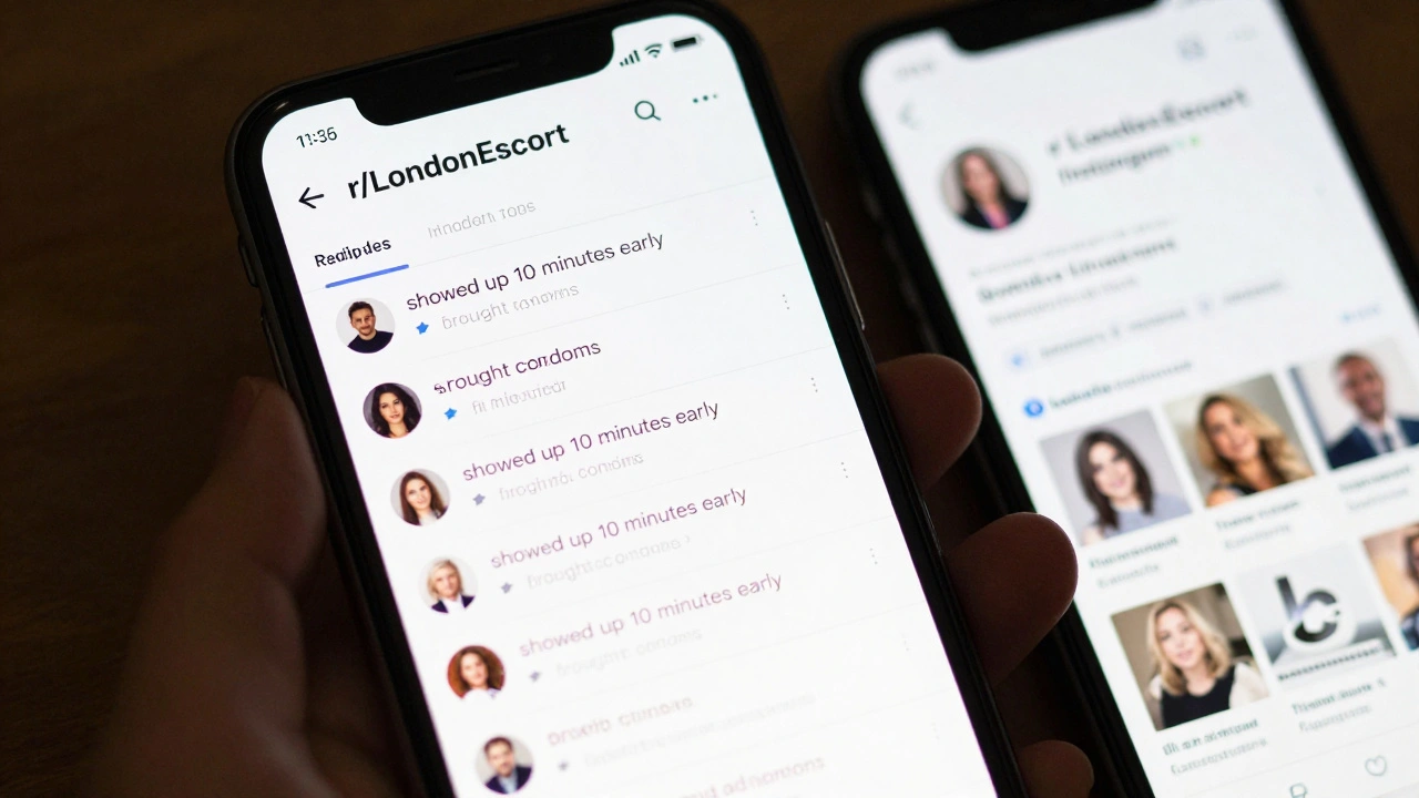 A smartphone displaying detailed client reviews from a Reddit forum about London escorts.